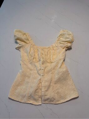 Hollister Pale Yellow Eyelet Button-Front Puff Sleeve Top